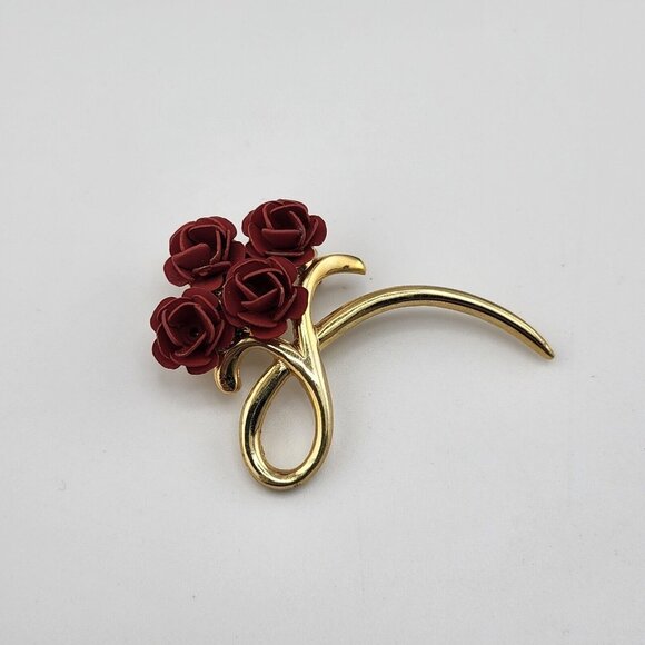 Vintage Gold Tone Red Rose Bouquet Brooch - Picture 2 of 4